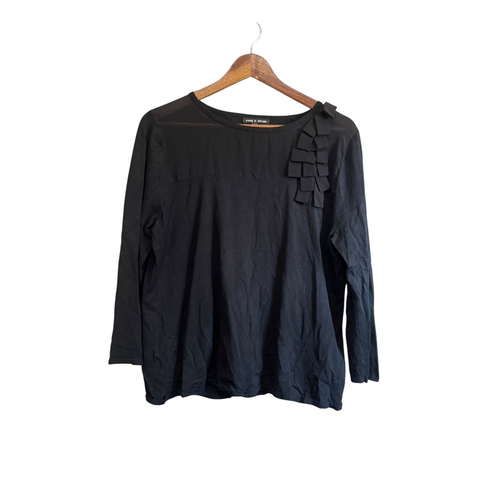 Cable & Gauge Knit Top Women XL Black Excellent Silk Blend Ruffle Sheer Yoke